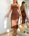 Woven Halter Neck Slim Fit Midi Dress With Back Slit