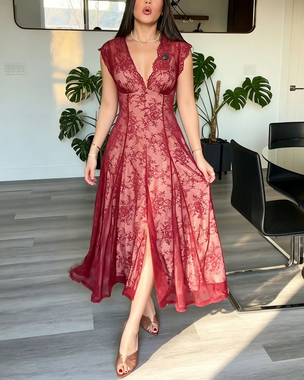 Floral Lace Deep V High Slit A-Line Midi Dress