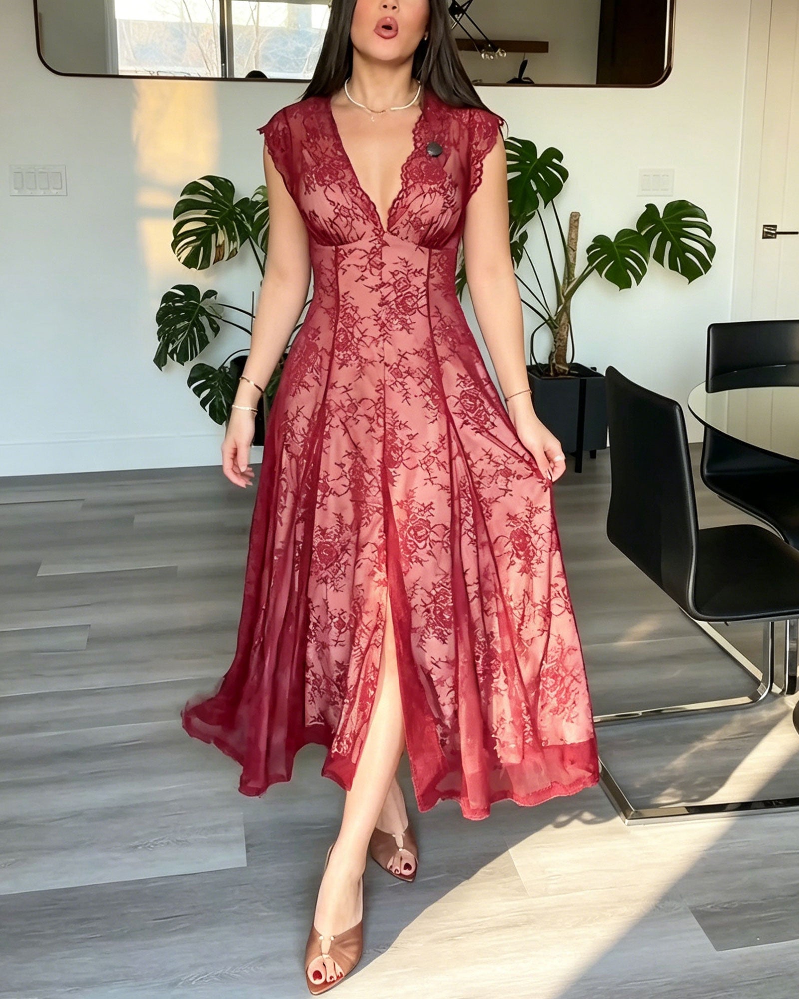 Floral Lace Deep V High Slit A-Line Midi Dress
