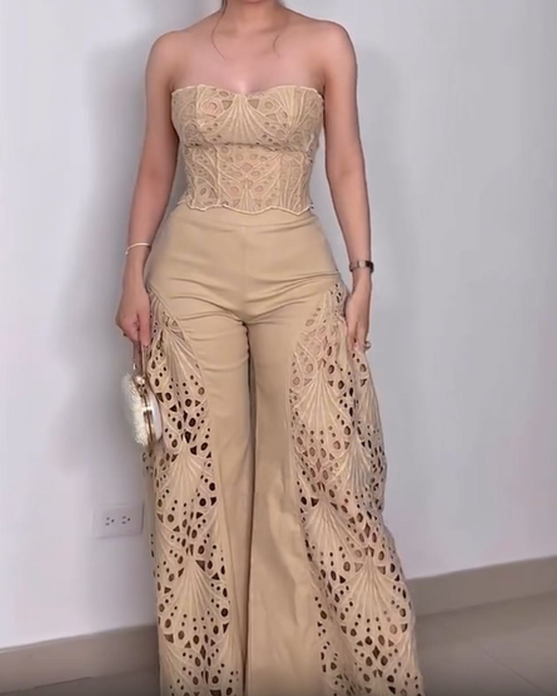 Fashionable Lace Tube Top Trousers Suit Beige
