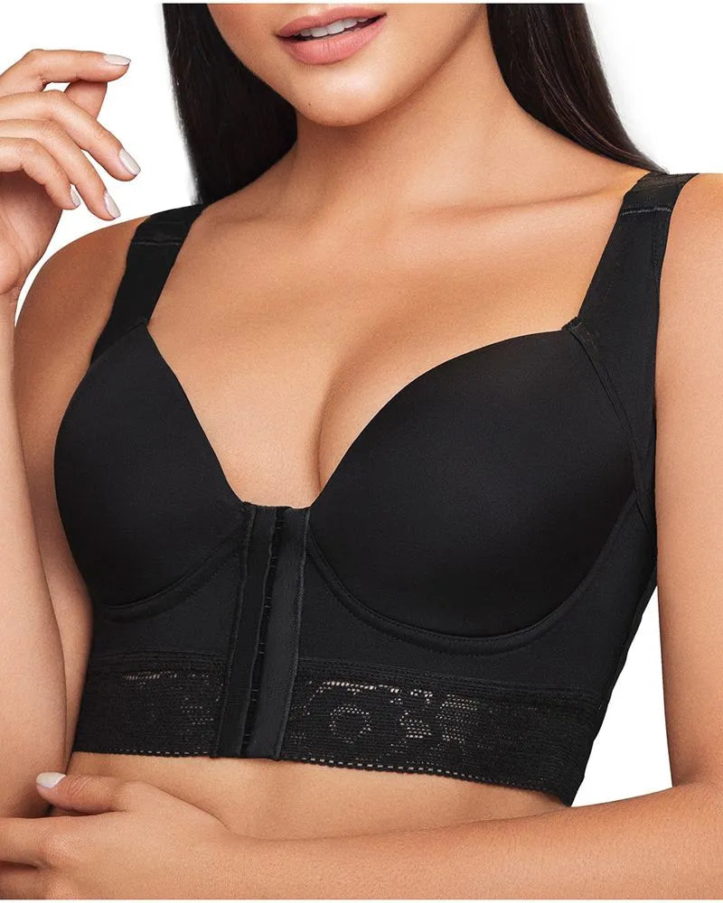 Women Back Support Front Hook Closure Full Cup Push Up Bra Black