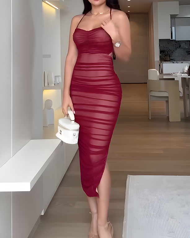 Sexy Sheer Mesh Ruched Bodycon Dress DarkRed