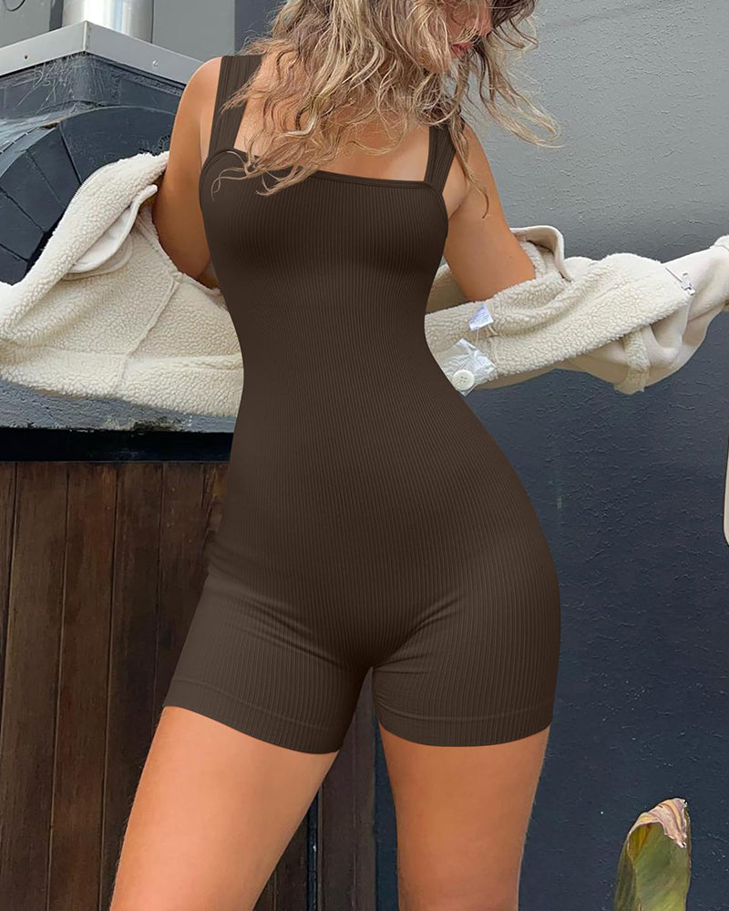 Square Neck Sleeveless Strappy Sleeveless Exercise Rompers jumpsuit Brown