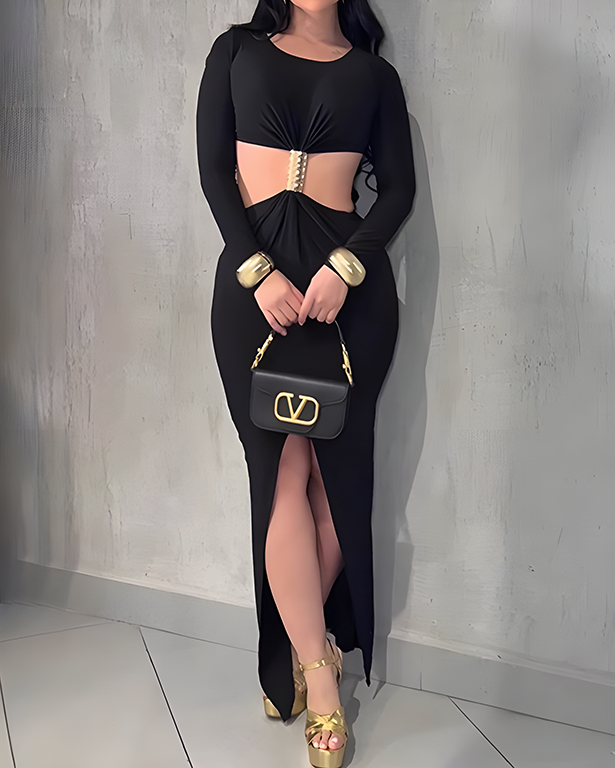 Long-Sleeved Sexy Slit Bodycon Mid Dress
