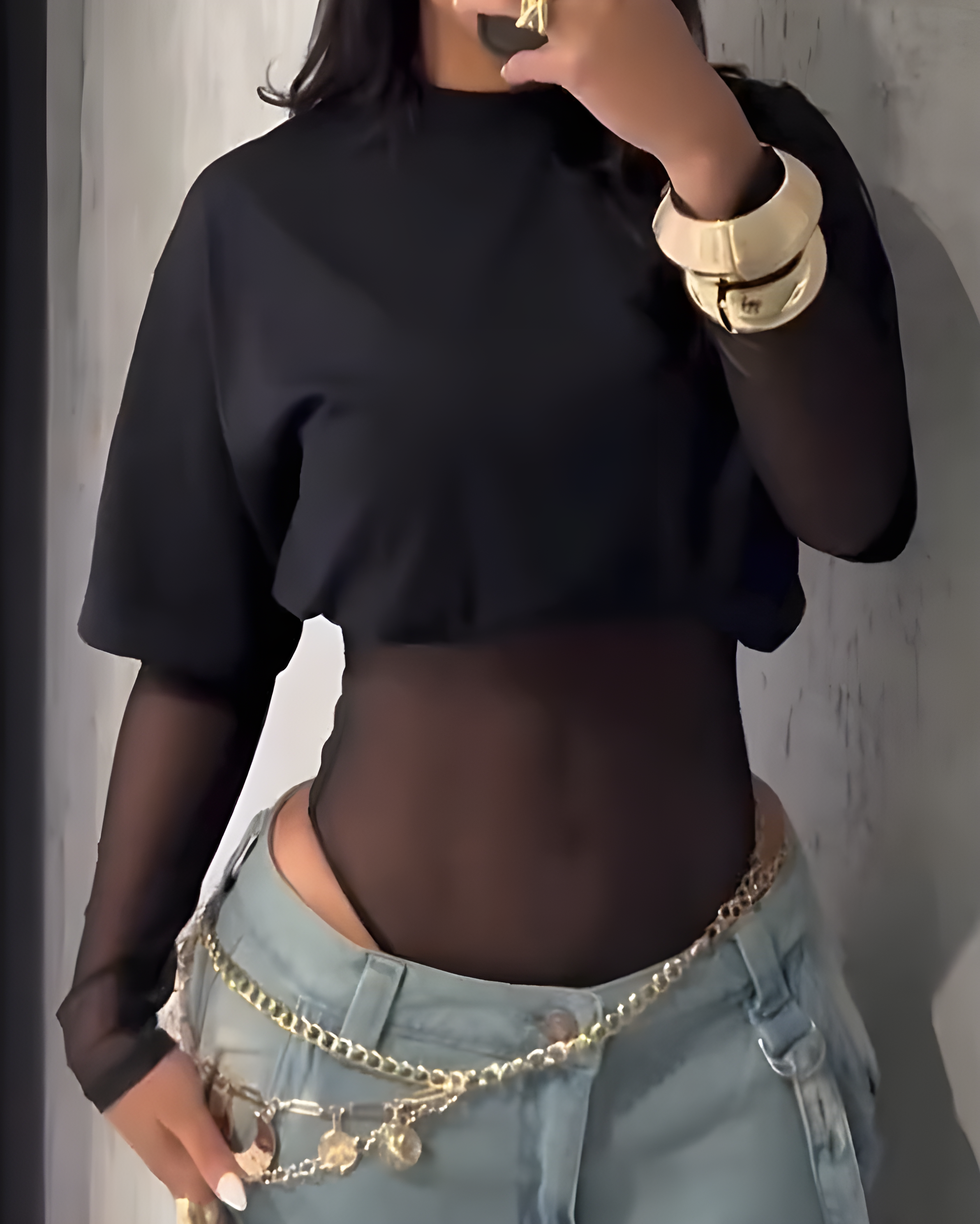 Sexy Mesh Bodysuit Short Sleeve T-Shirt 2-Piece Set Black