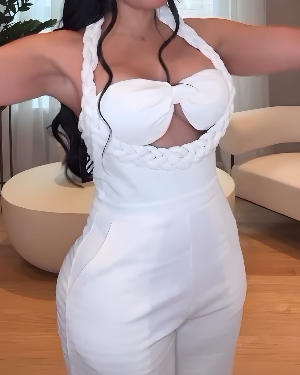 Braided Style Slip Sleeveless Loose Straight Jumpsuit