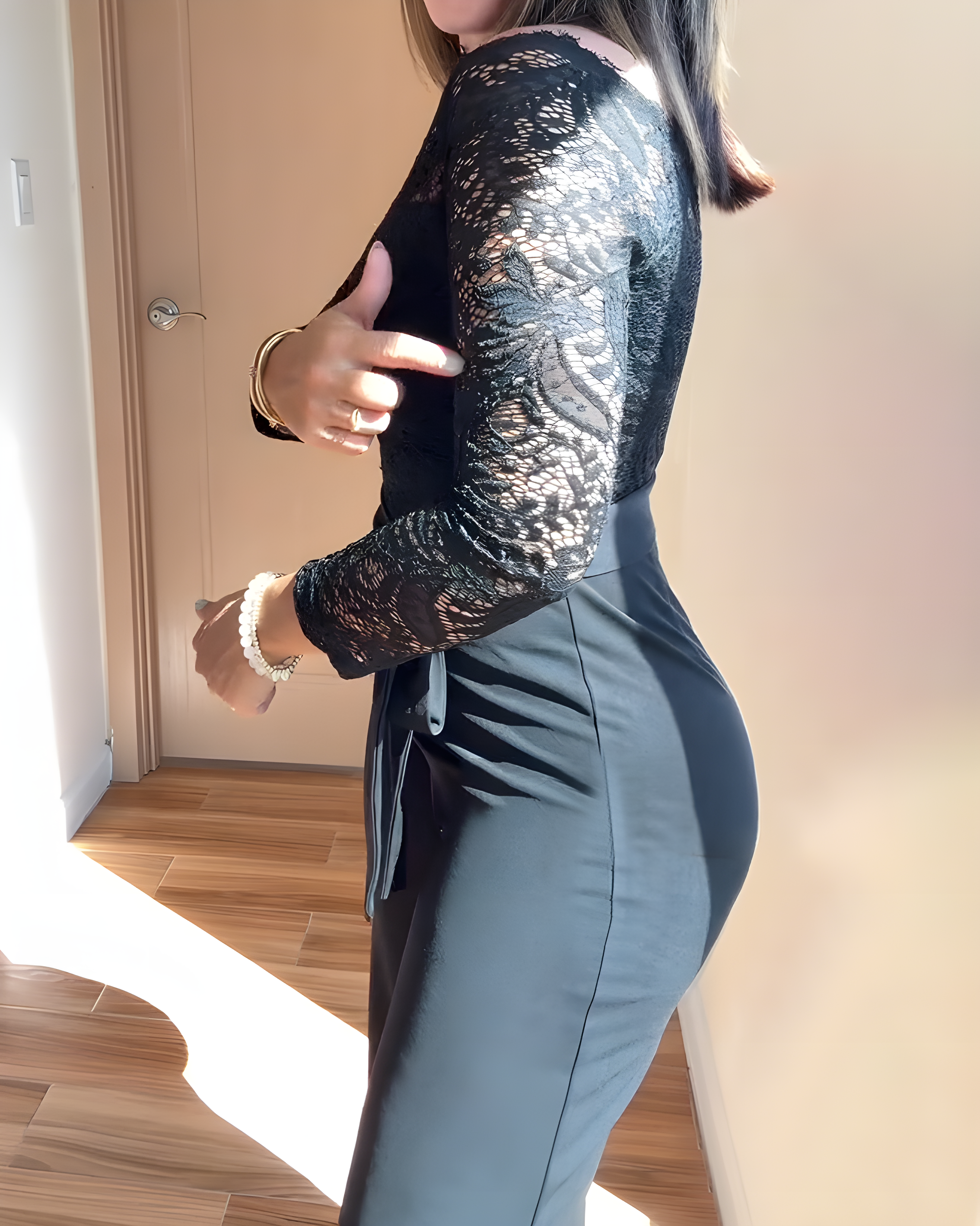 Lace-Paneled Off-the-Shoulder Long-Sleeved Bodycon Jumpsuit