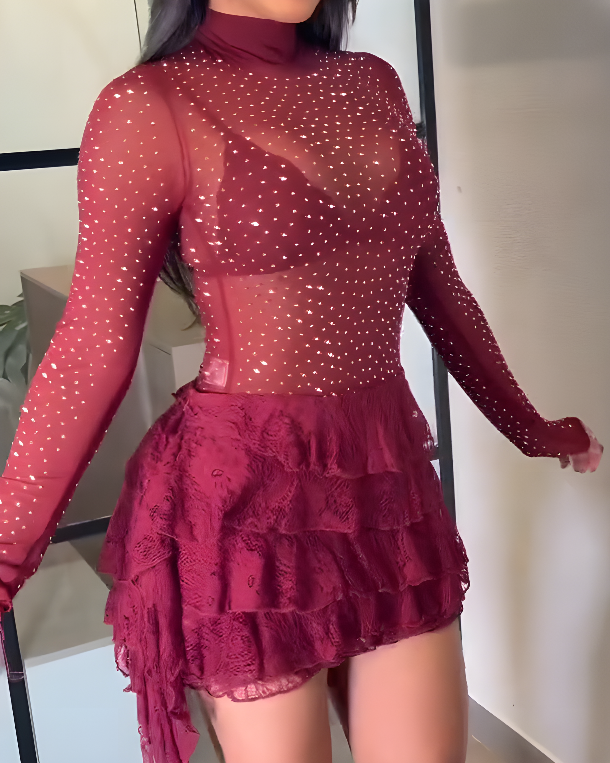 Women's Mesh Sparkling Top Lace Skirts 2 Piece Set