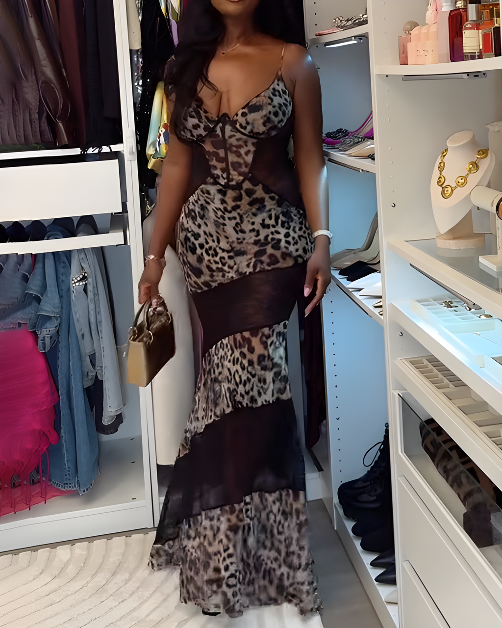 Sexy Sleeveless Leopard Print Patchwork Slip Dress Peru