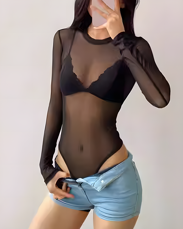 Sheer Mesh Crew Neck Long Sleeve Thong Bodysuit