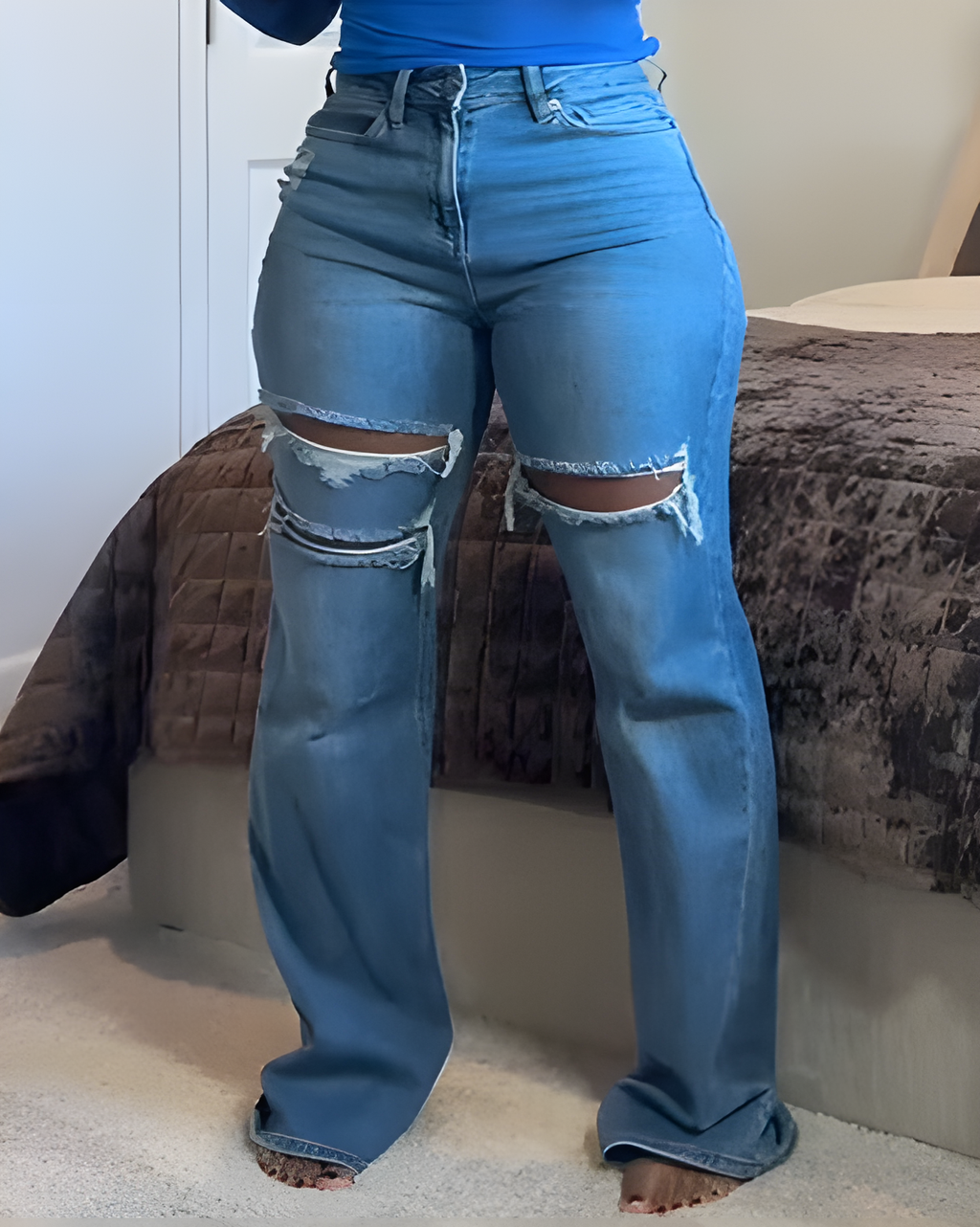 High-Waisted Wide-Leg Ripped Jeans Blue