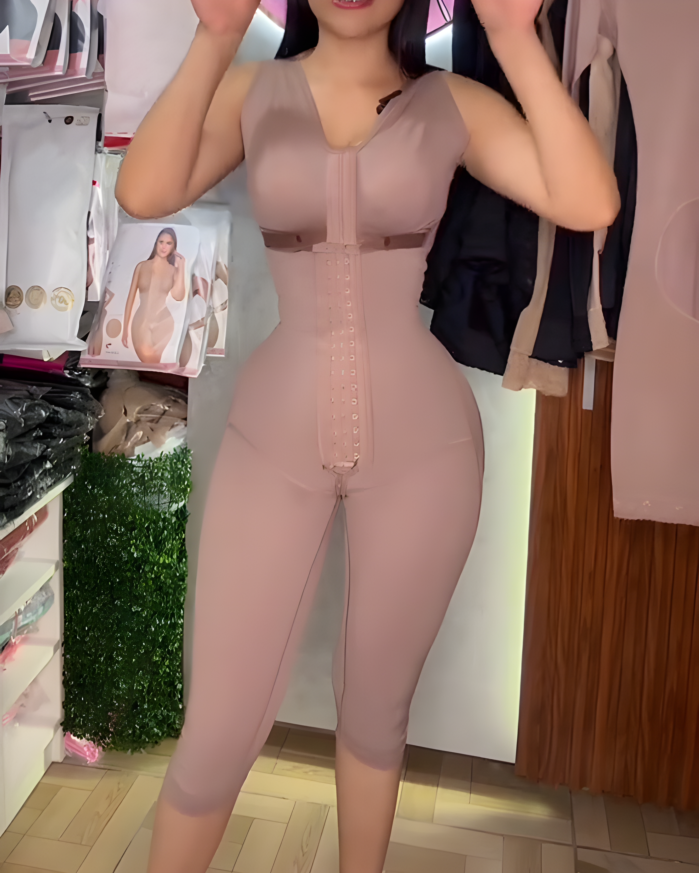 3-Rows Hook Eye Sleeveless Mid-Length Full-Body Shapewear RosyBrown