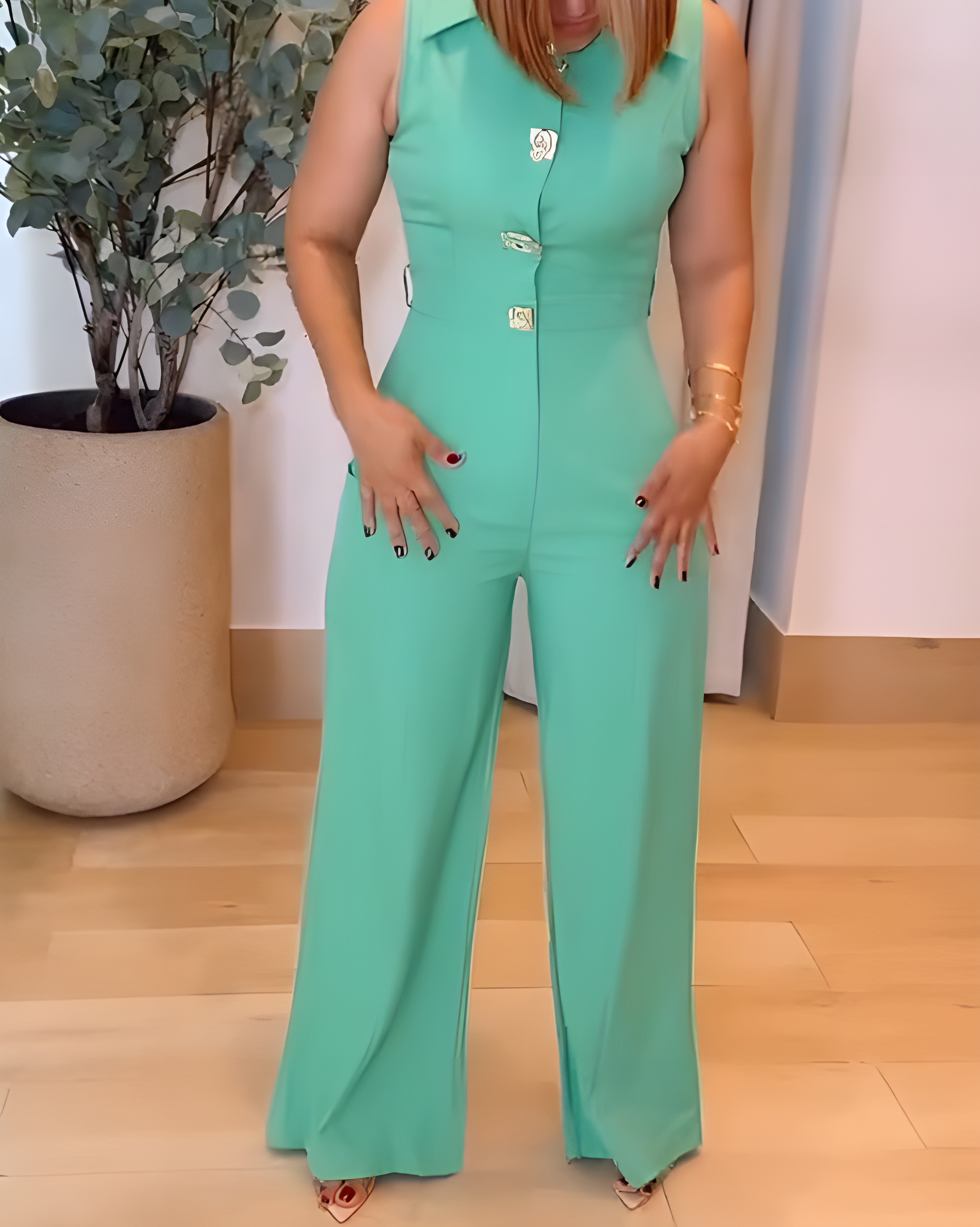 Women's Fashion Sleeveless Slim Fit Wide Leg Jumpsuit LightSeaGreen