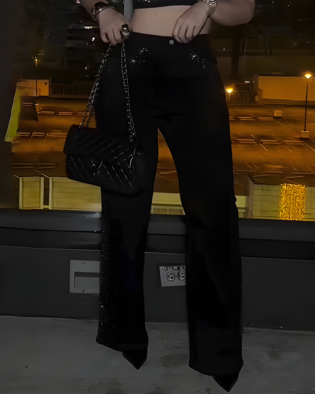Rhinestone Trim Straight Leg Jeans Black