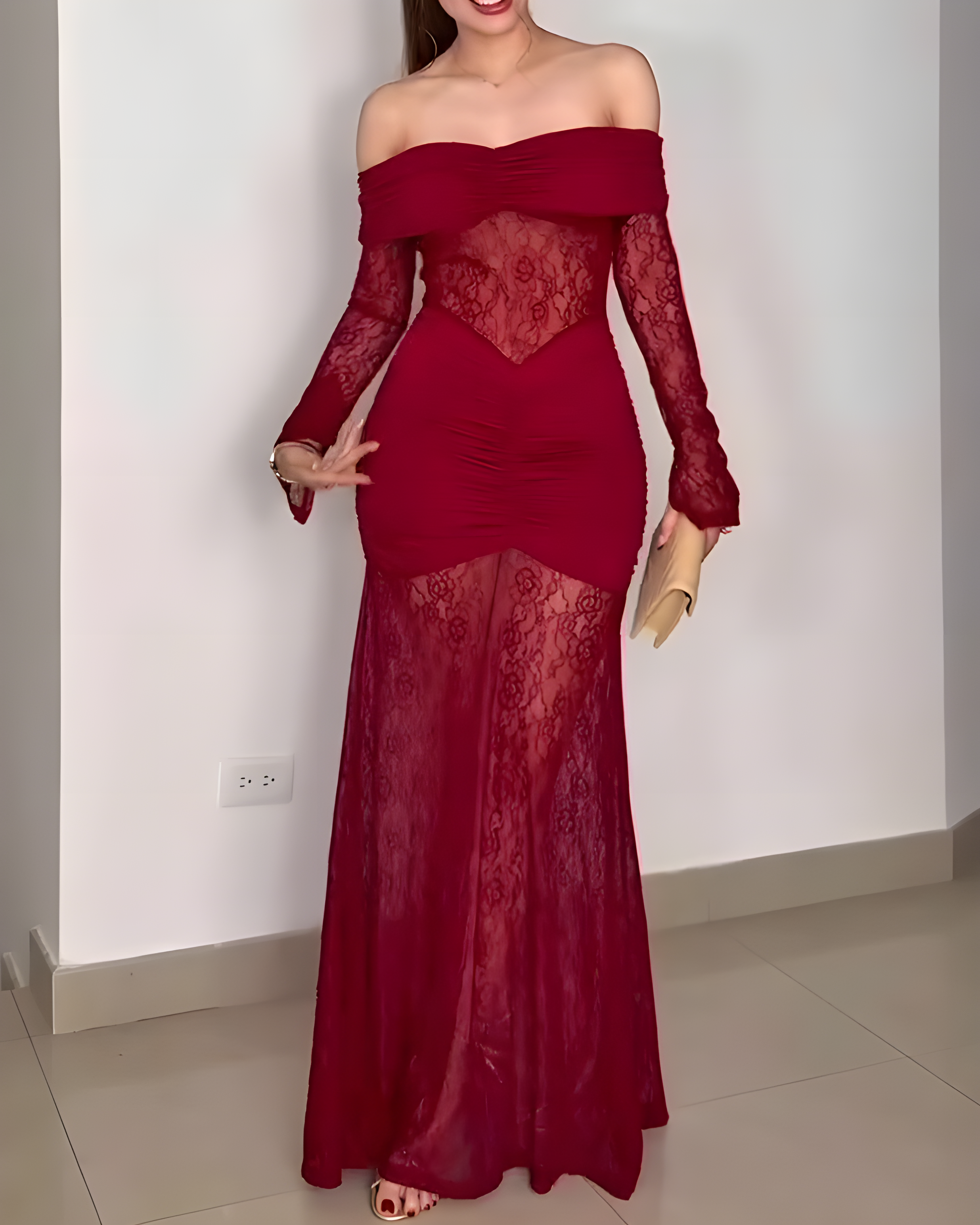 Sexy Lace Off-Shoulder Slit Long-Sleeved Dress DarkRed