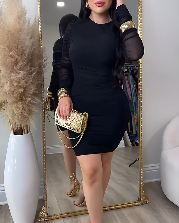 Long Sleeve Ruched Mesh Bodycon Dress