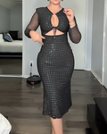 Women's Sexy Sequin Hollow Tie Slim Long Sleeve Dress Black