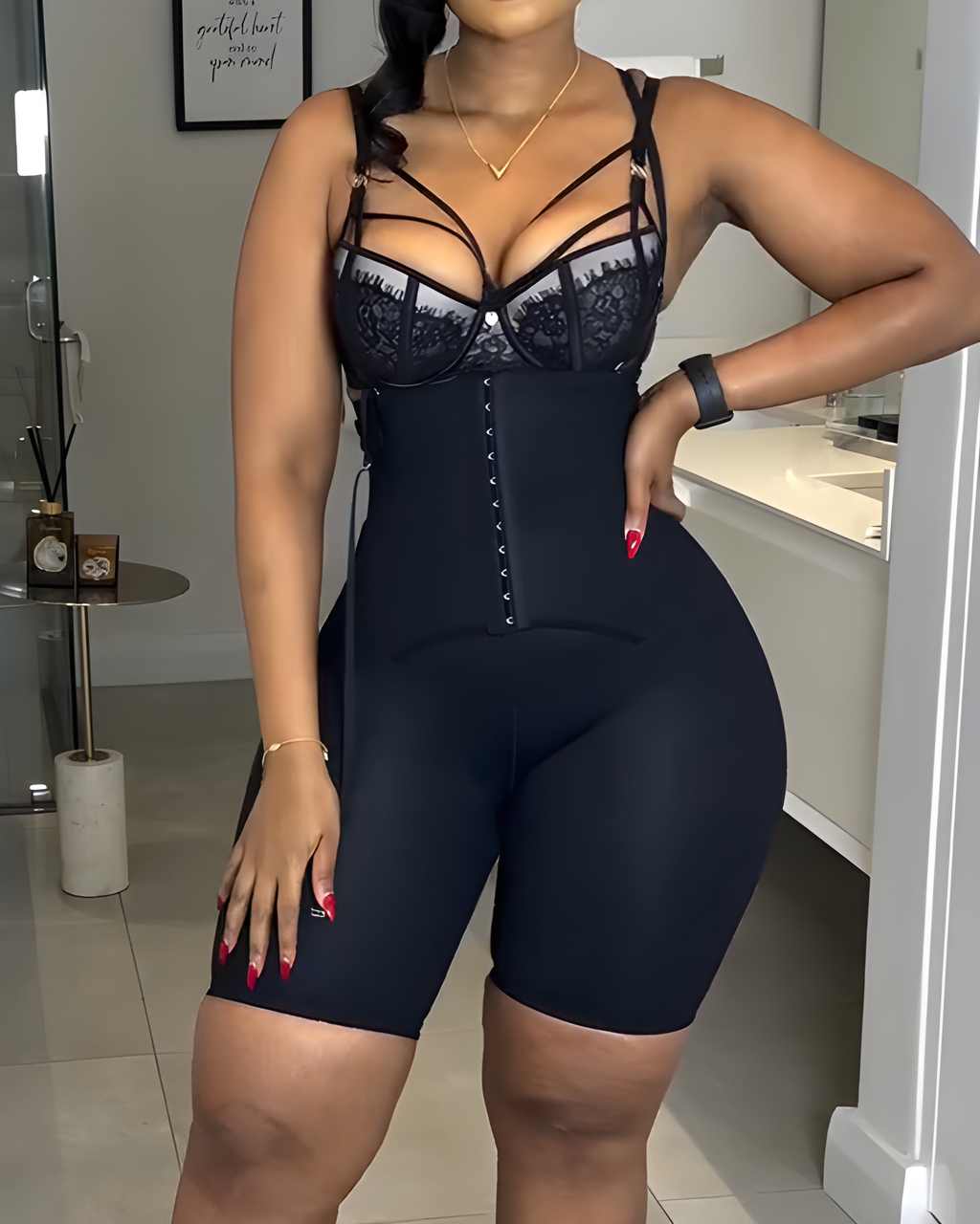 Comfort Double Layer Tummy Control Body Shaper with Straps Black