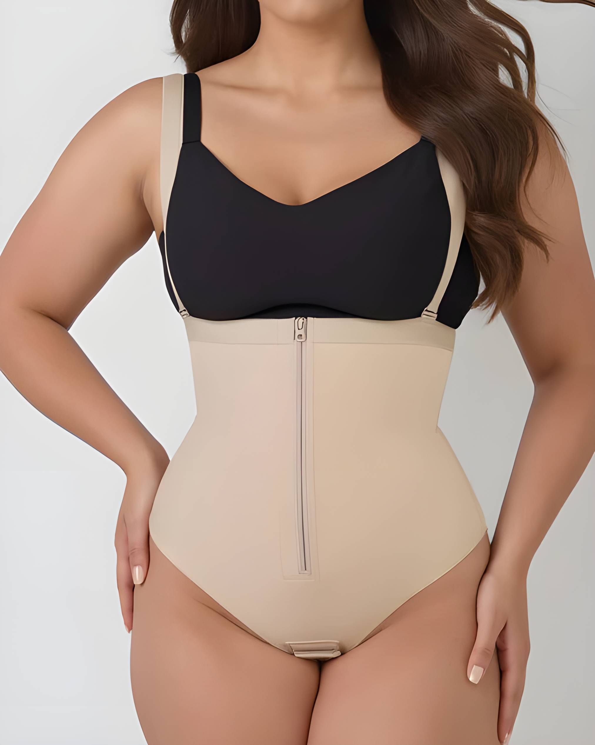 Front Zipper Thong Body Shaper with Straps Beiges