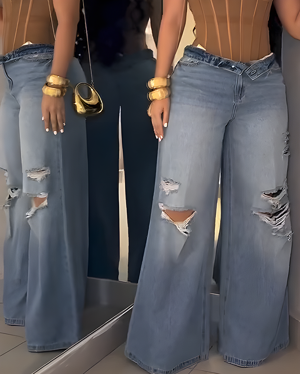 Women's Ripped High-Waisted Wide-Leg Jeans