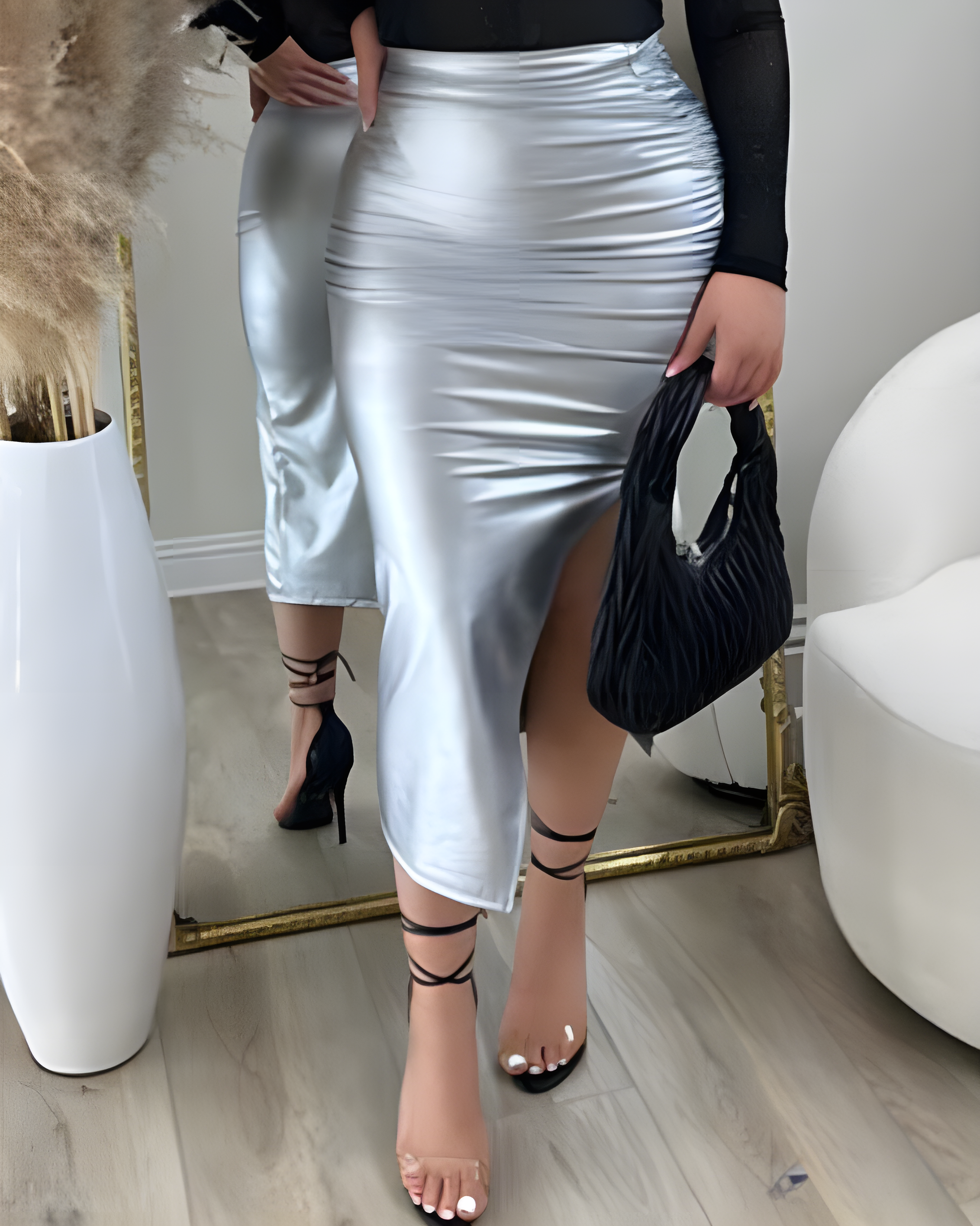 Side-Slit Ruched Leather Slim-Fit Skirt Silver