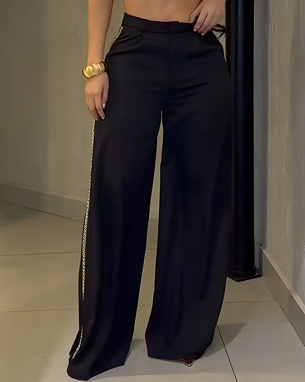 Women's Metal Chain Trim Wide-Leg Casual Pants Black