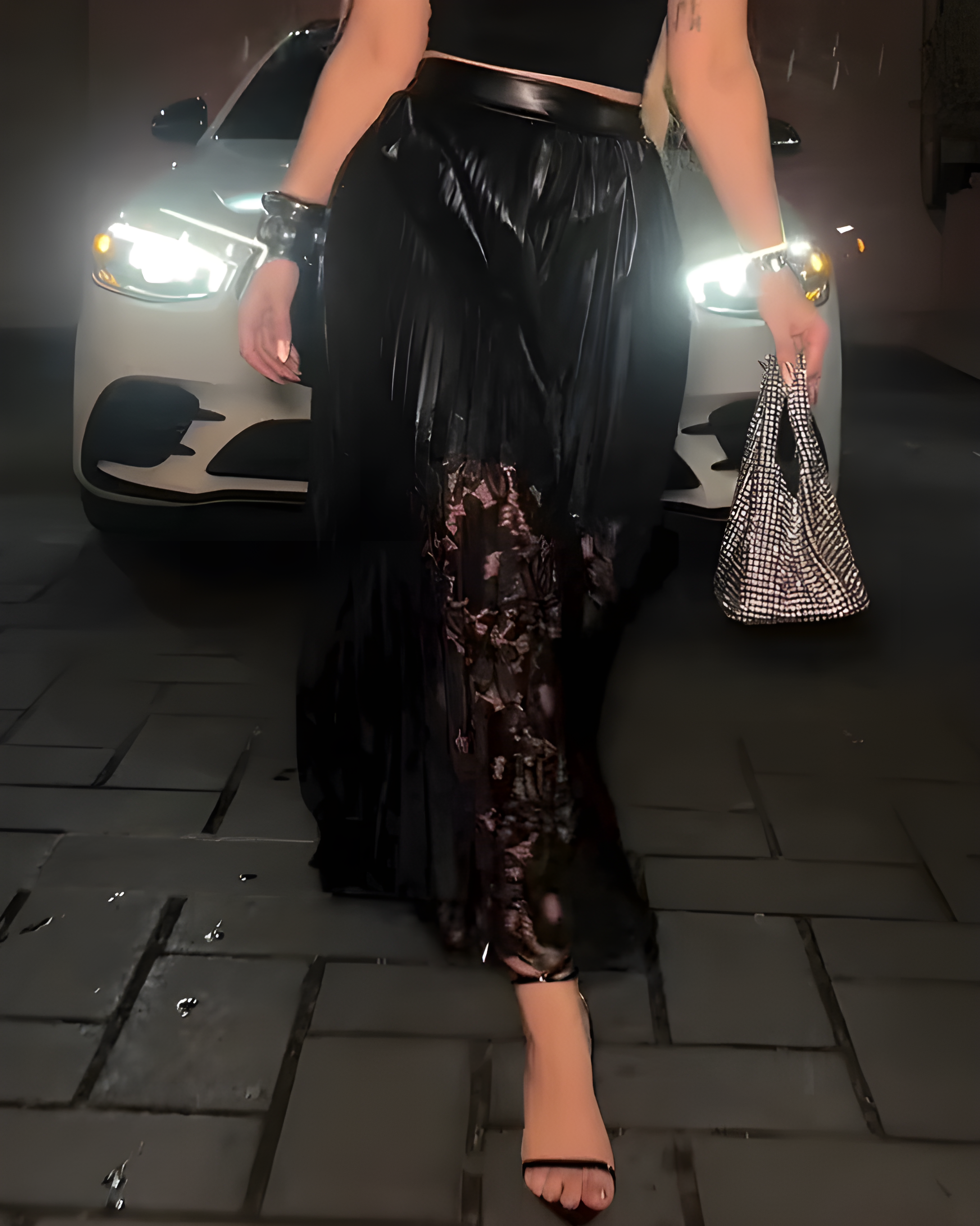 Sexy Lace Mesh Leather-Lined Skirt