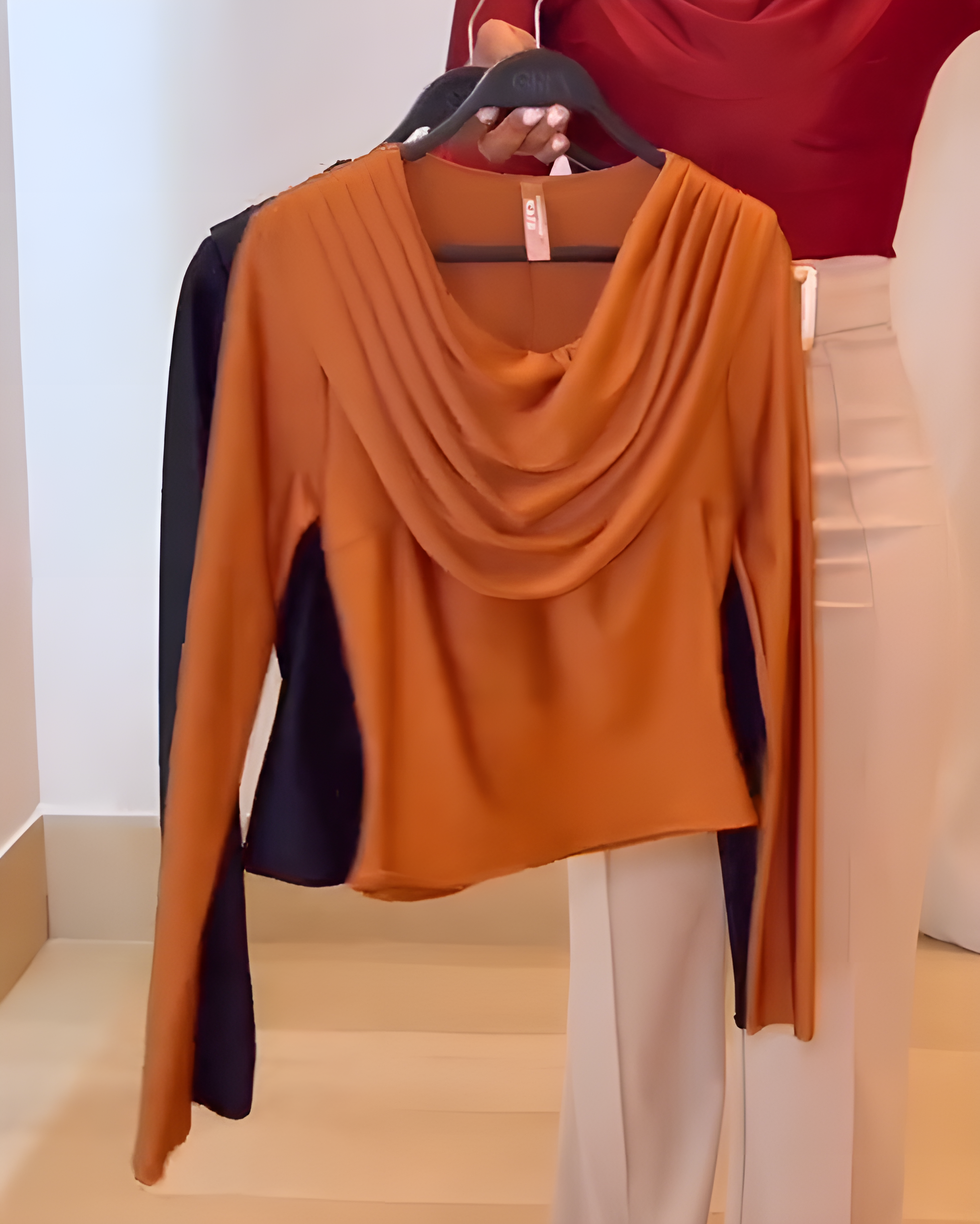 Women's Draped Neck Long-Sleeved Top Orange
