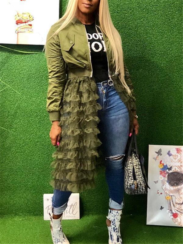 Frilled Mesh Combo Jacket--Clearance Olive 2XL