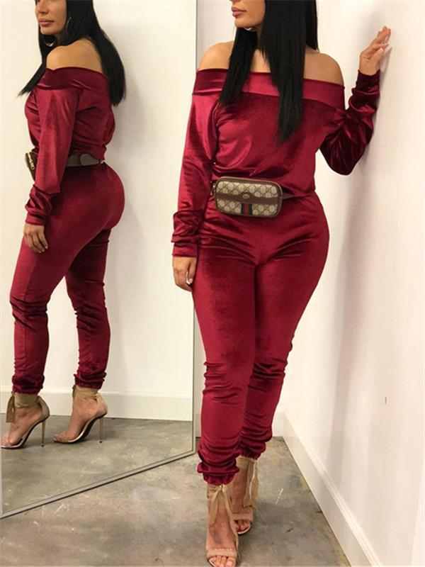 Off Shoulder Velvet Co-ord Burgundy