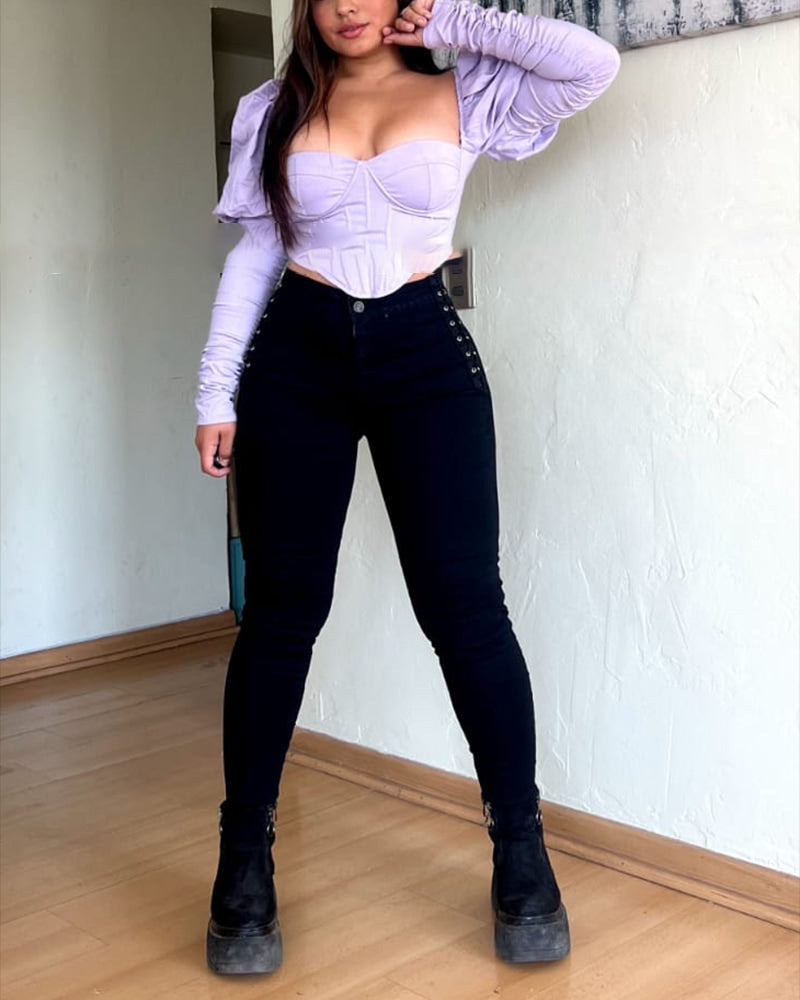 Women Fashion Design Braided Skinny Jeans