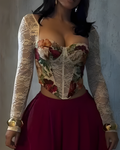 Sexy Printed Lace Panel Long Sleeve Corset Top White