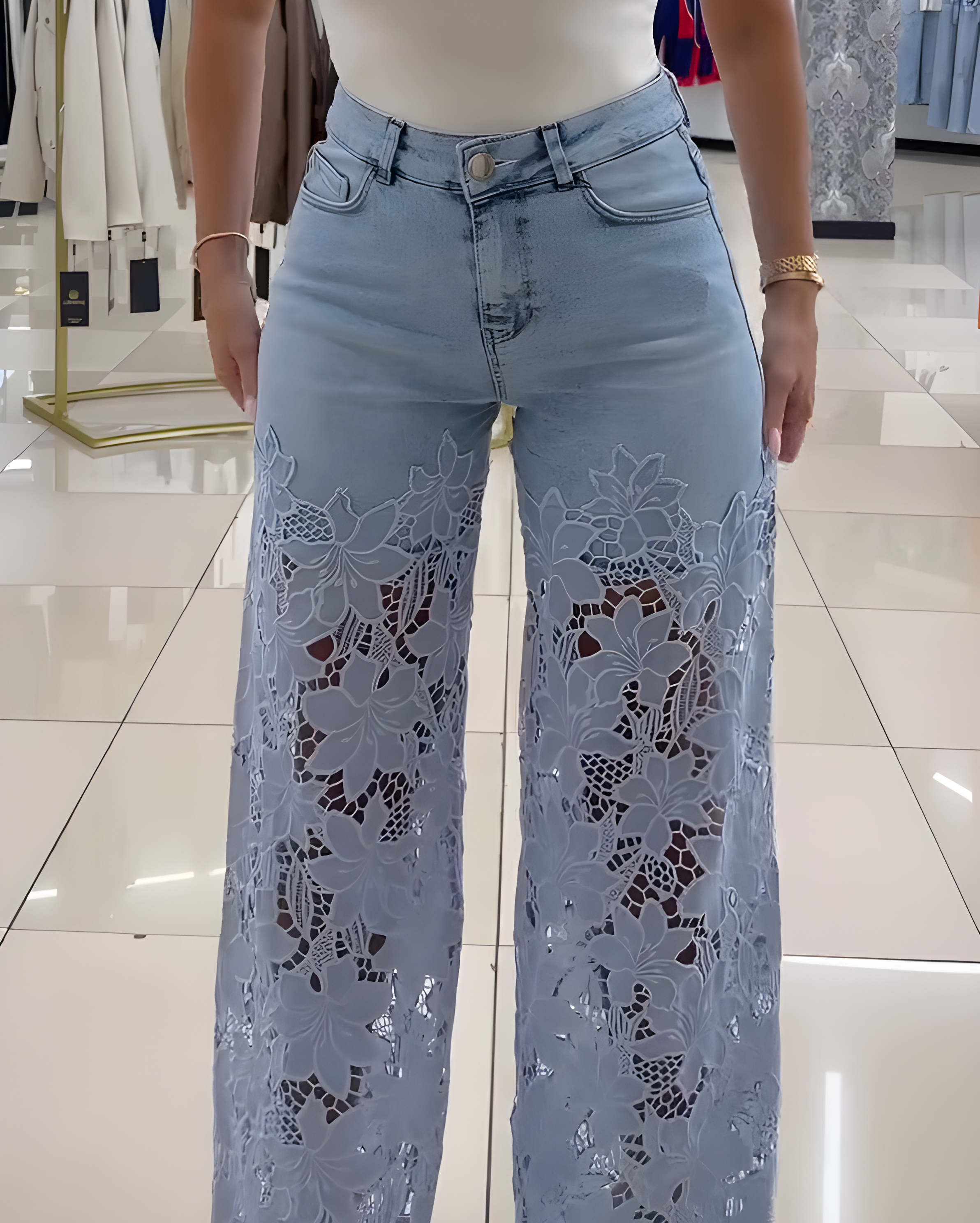 Women's Lace Cutout Wide Leg Jeans