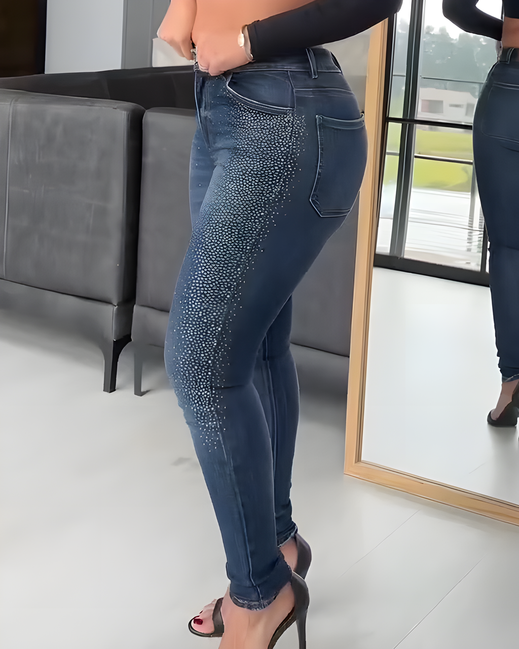 Rhinestone-Trimmed Sparkly Skinny Jeans