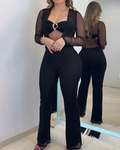 Long-Sleeved Mesh Slimming Flared Jumpsuit Black