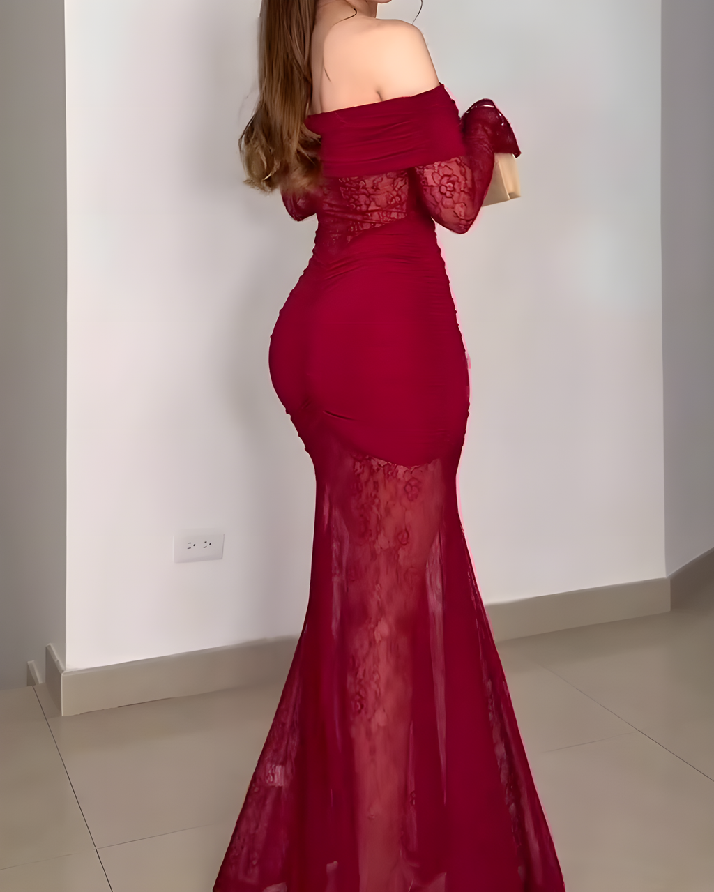 Sexy Lace Off-Shoulder Slit Long-Sleeved Dress