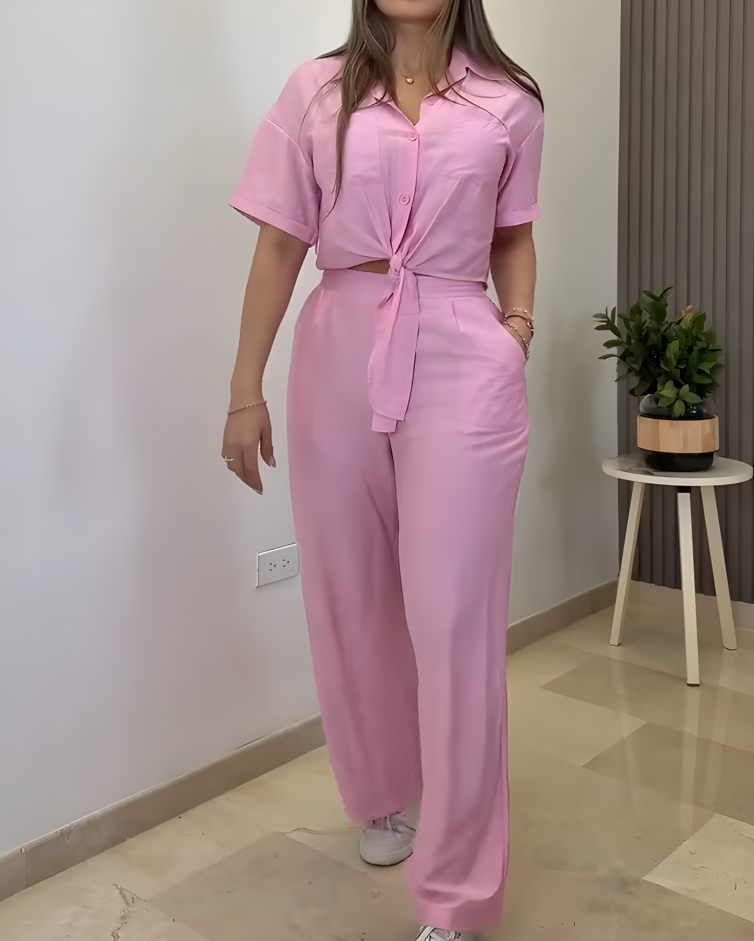 Loose Comfortable Short Sleeve Wide Leg 2 Piece Set Pink