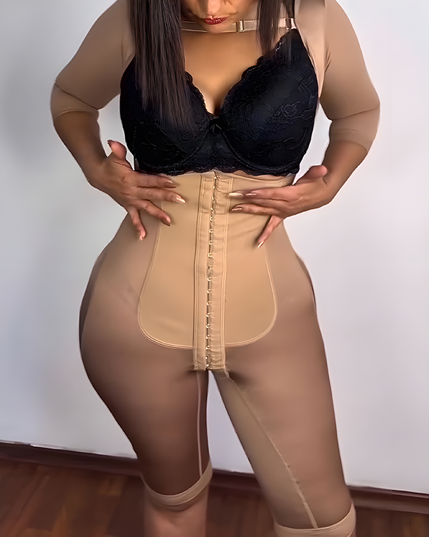 Long-Sleeved Open-Chest Tummy-Control Full body Shaper Tan
