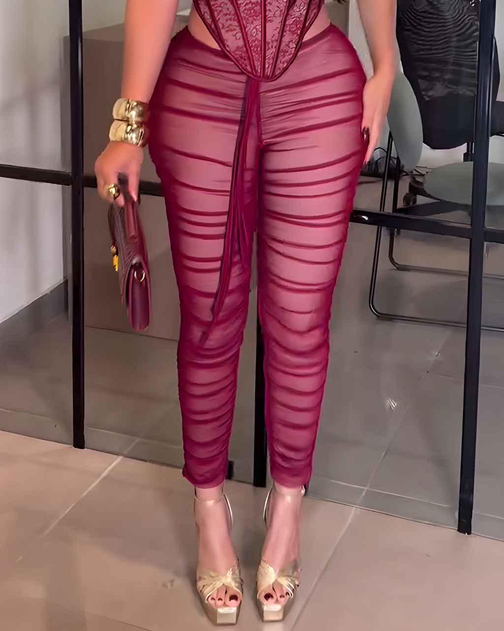 Women's Fashion Mesh Skinny Pants DarkRed