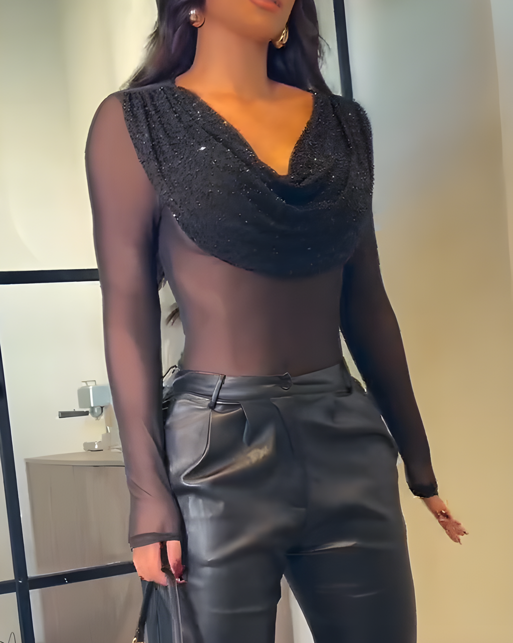 Women's Draped Neck Mesh Long-Sleeved Top