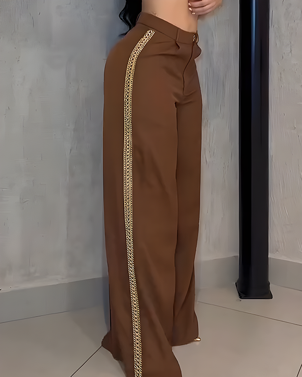 Women's Metal Chain Trim Wide-Leg Casual Pants Brown