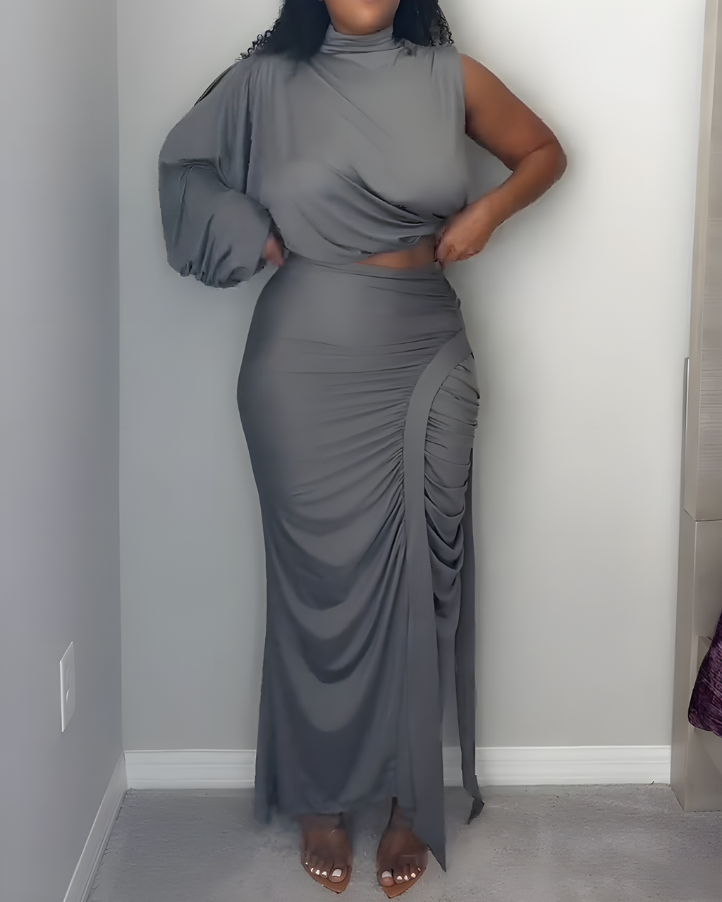 Women's One-Shoulder Sleeve Ruched Slim Skirt 2-Piece Set Gray