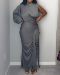 Women's One-Shoulder Sleeve Ruched Slim Skirt 2-Piece Set Gray