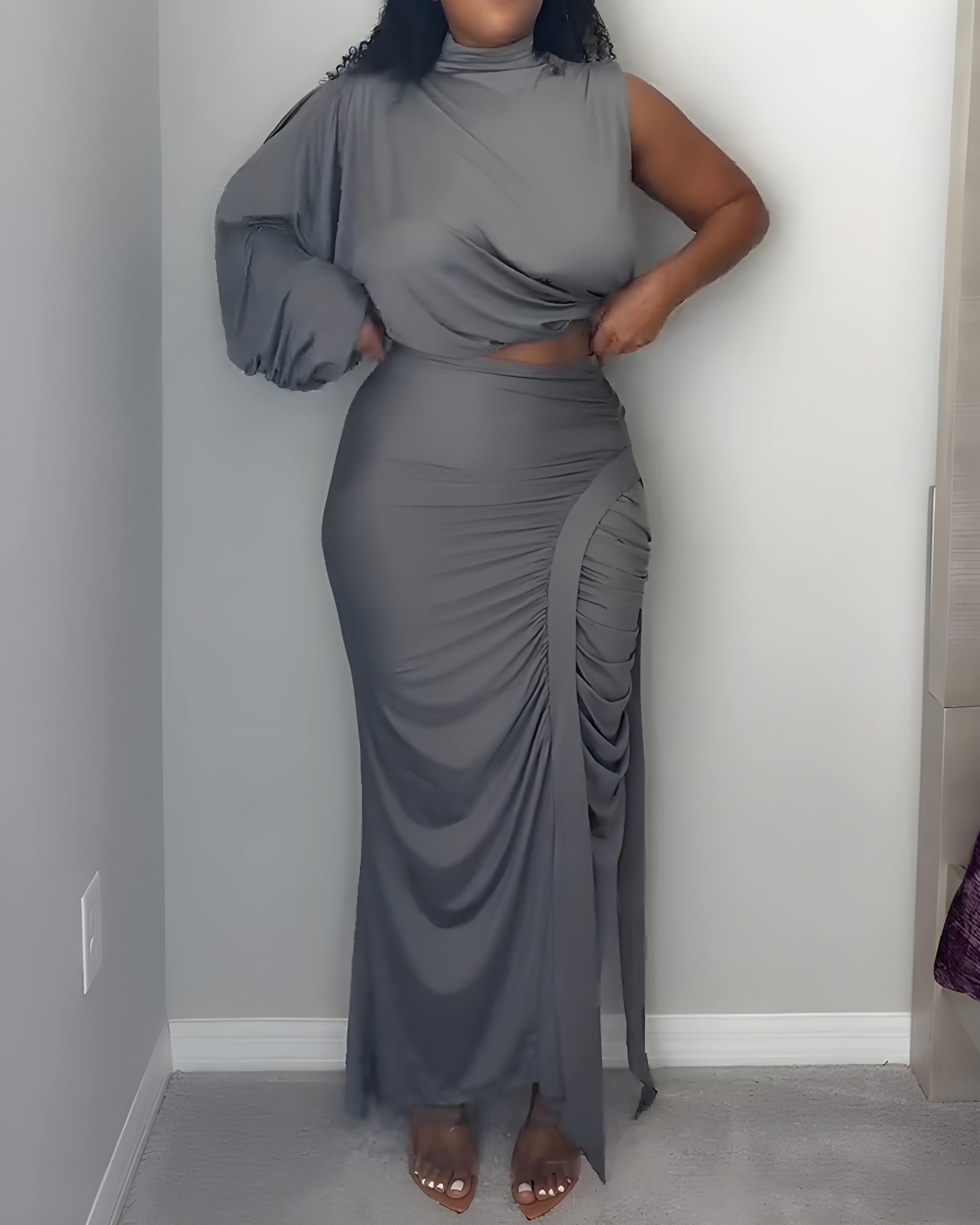 Women's One-Shoulder Sleeve Ruched Slim Skirt 2-Piece Set Gray