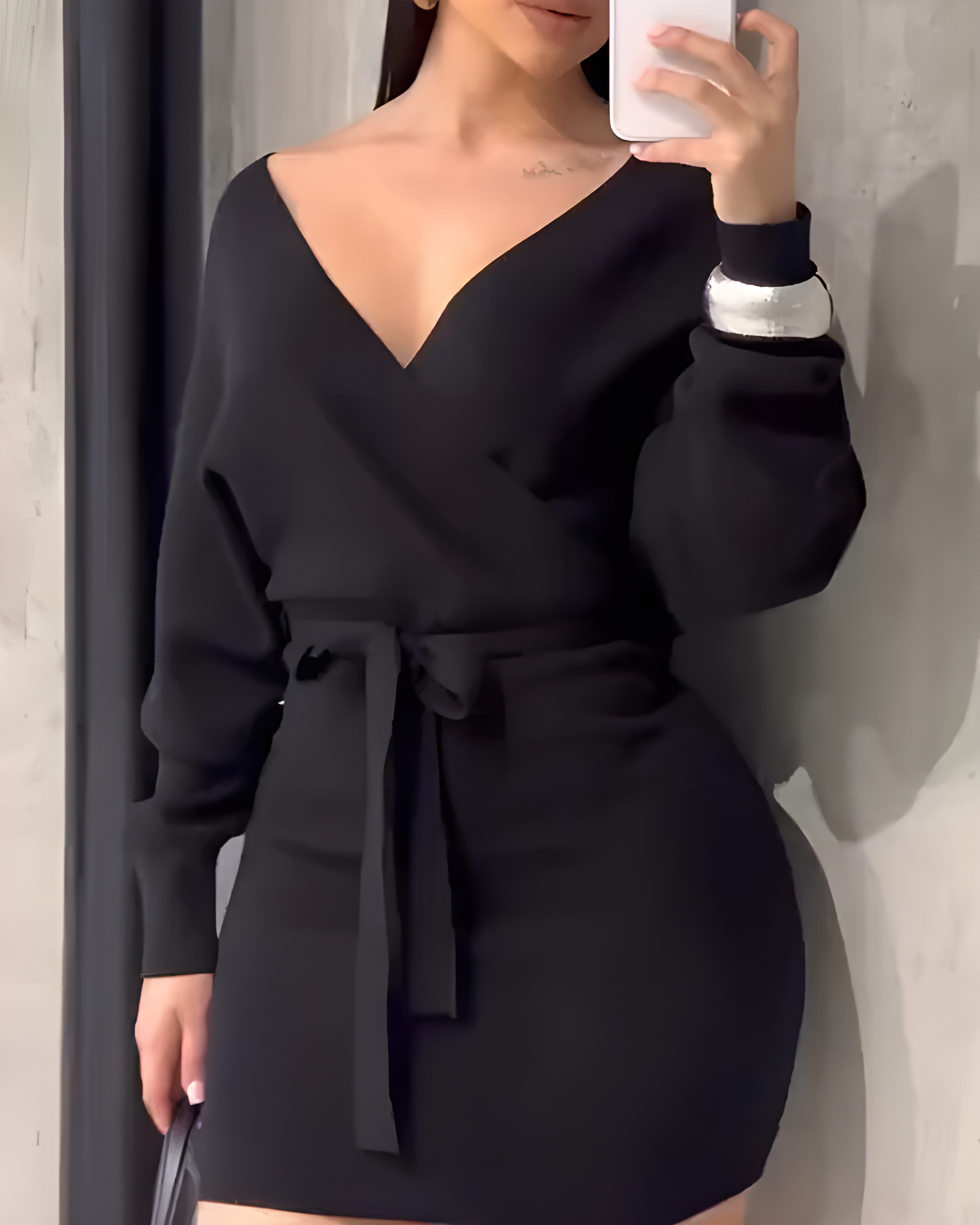 Sexy V-Neck Tie-Up Long-Sleeved Dress Black