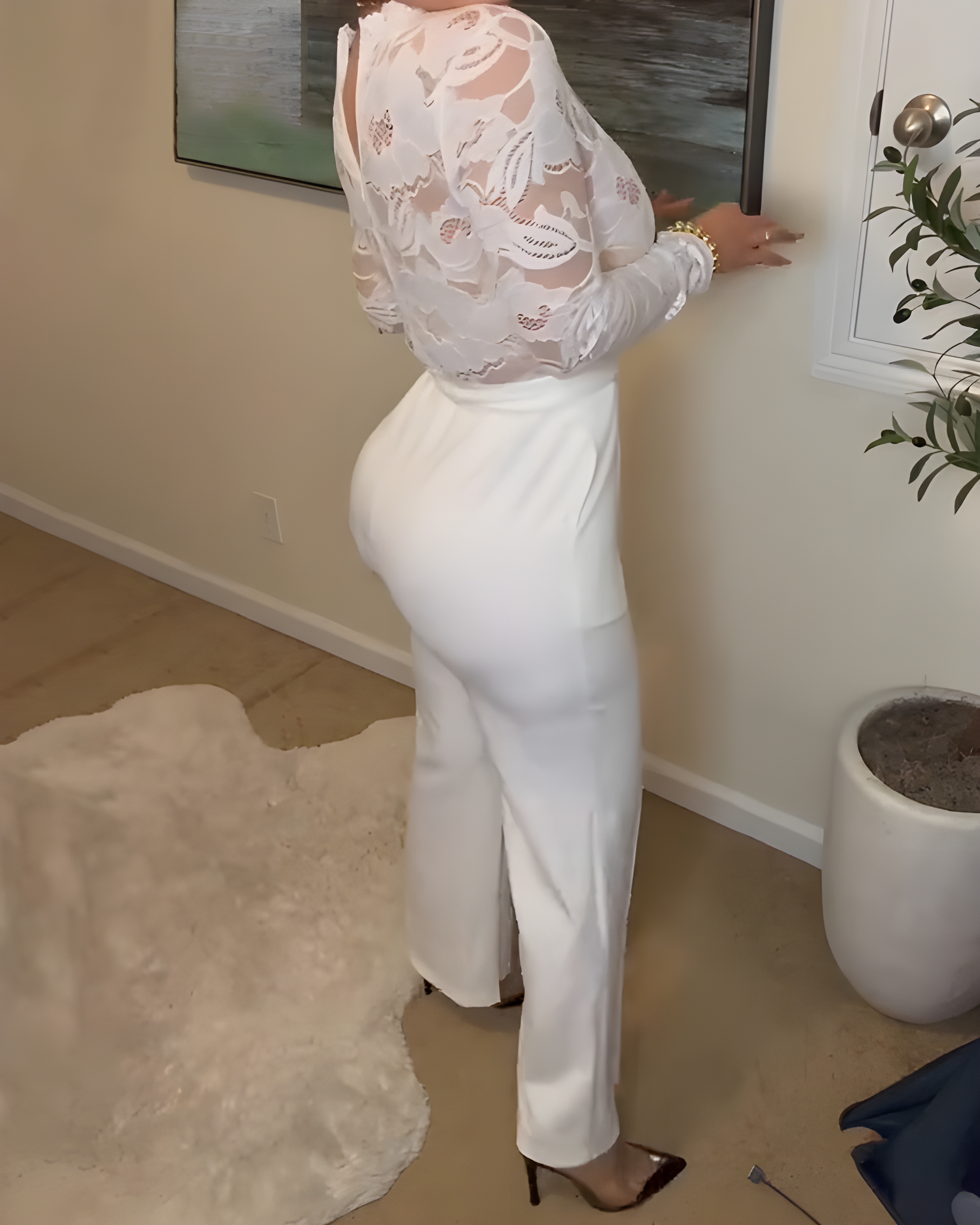 Sexy Deep V Neck Lace Patchwork Long-Sleeved Jumpsuit