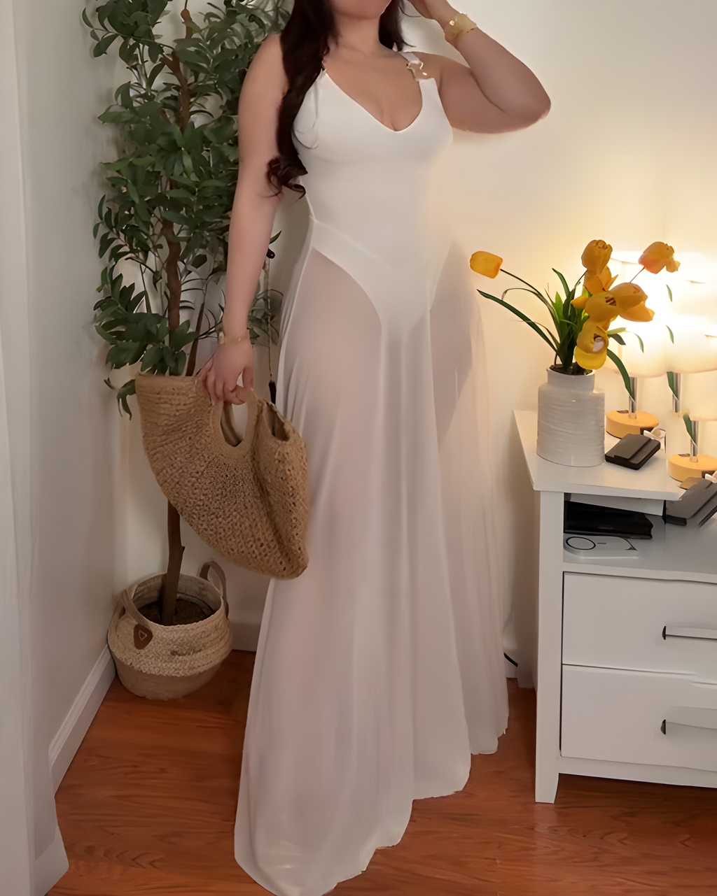 Women's V-Neck Tummy-Control Mesh Slip Maxi Dress