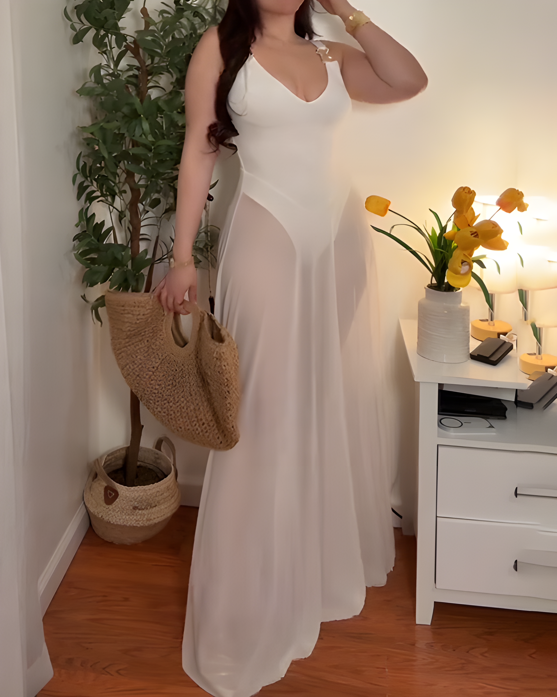 Women's V-Neck Tummy-Control Mesh Slip Maxi Dress
