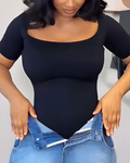 Round Neck Short Sleeve Slimming Shaping Thong Bodysuit Black