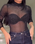 Mesh Rhinestone Sexy Bodysuit Black